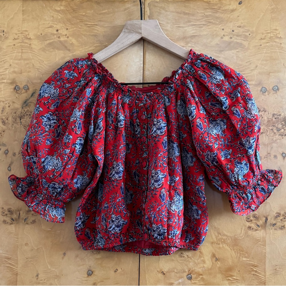 Carolina K Boho Floral Silk Chiffon Red Ruffled Off the Shoulder Crop Blouse
